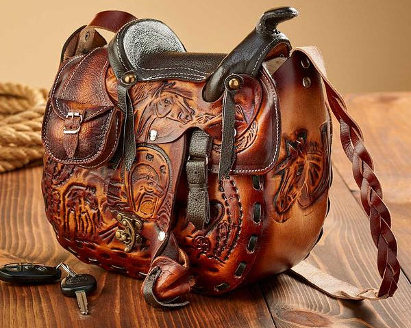 $58 ea. #X68B3-Brwn Hand-tooled Leather Saddle Purse- Brown (5pcs/Order)
