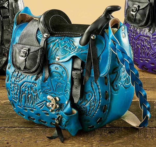 $58 ea. #X68B3-Turquoise Hand-tooled Leather Saddle Purse (5pcs/Order)
