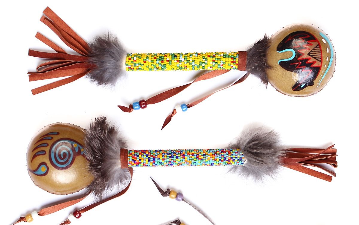 $28 ea. #922N-ZR/B (0047) Hand Painted ZUNI Deer Skin Beaded Ceremonial Rattles | Rabbit Hair and Leather Fringe