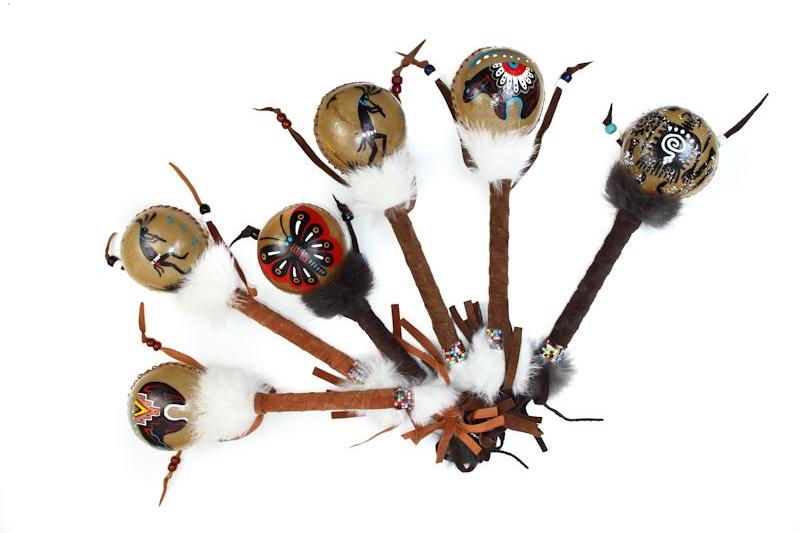 $24.50 ea. Hand Painted Leather Wrap Beaded Ceremonial Rattles | Rabbit Hair and Leather Fringe (12 pcs/Order)