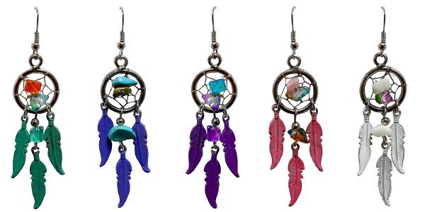 $3 ea. #2095 Dream Catcher Earrings with Stones 3 Metal Feathers (12pcs/Order)