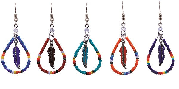 $3 ea. #2165 Tear Drop Beaded Earrings w/Single Meta Feather (12pcs/Order)