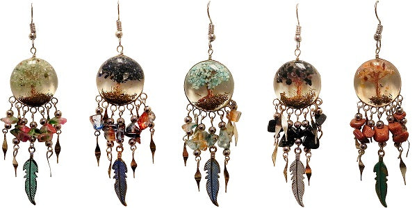 $3 ea. #240920E-ToL/1F Round Acrylic ToL Earrings w/Single Metal Feather Chip Stone Dangles (12pcs/Order)