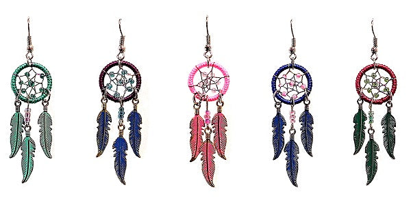 $3 ea. #7610-5 Dream Catcher Earrings w/3 Metal Feathers (12pcs/Order)