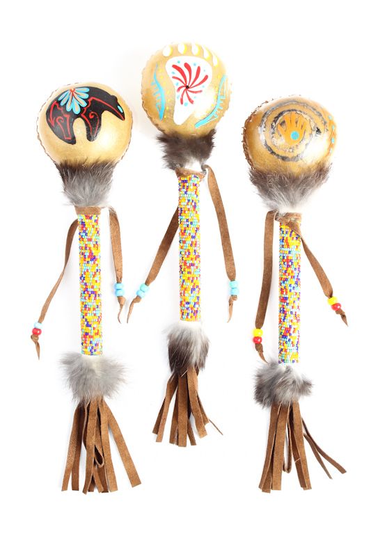 $28 ea. #922N-ZR/B (0047) Hand Painted ZUNI Deer Skin Beaded Ceremonial Rattles | Rabbit Hair and Leather Fringe