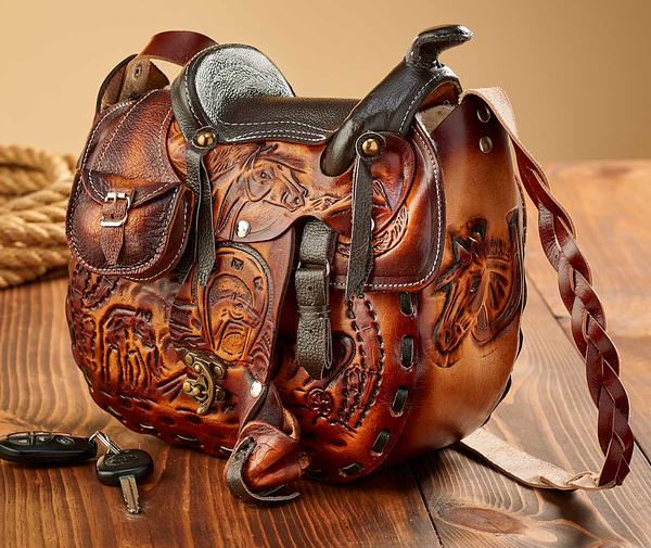 $58 ea. #X68B3-Brwn Hand-tooled Leather Saddle Purse- Brown (5pcs/Order)