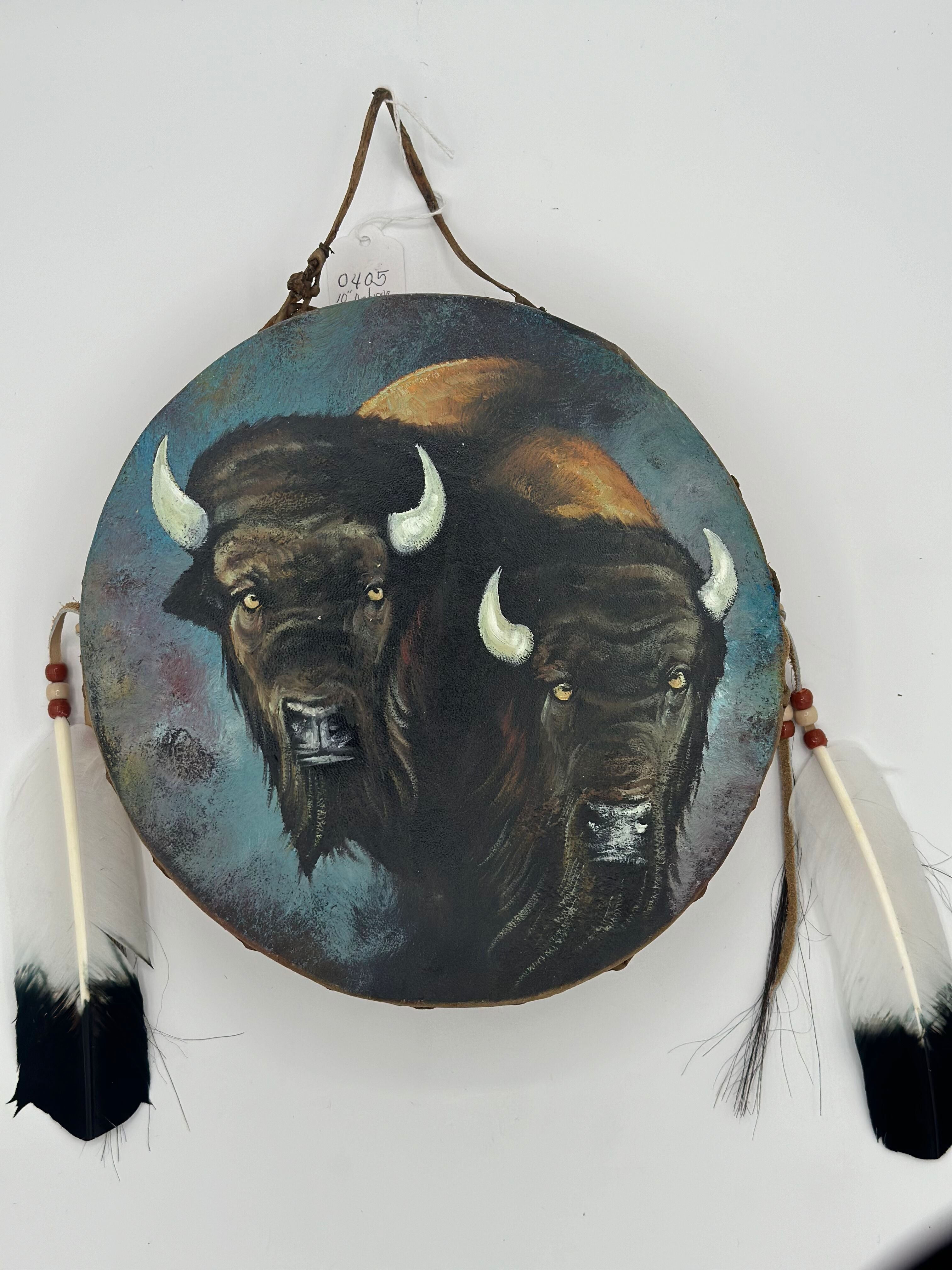 Hand Painted Rawhide Drum with Feathers