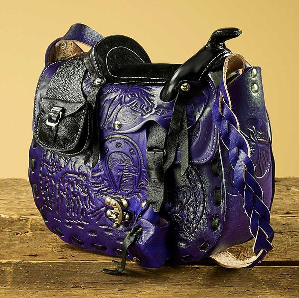 $58 ea.  #X68B3-Purp Hand-tooled Leather Purple Saddle Purse (5pcs/ Order)