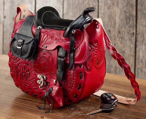 $58 ea. #X68B3-Red Hand-tooled Leather Saddle Purse (5pcs/Order)