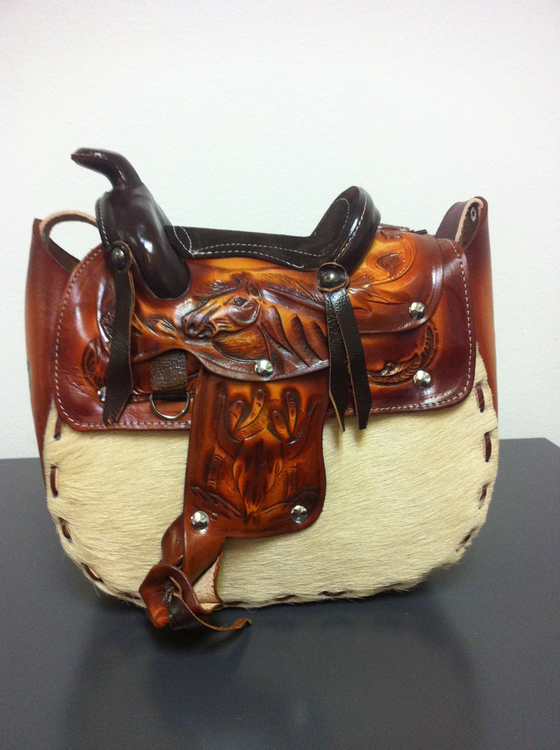 $58 ea. #X68B3-H | Hand-tooled Leather Saddle Purse- Hair on Hide (5pcs/Order)