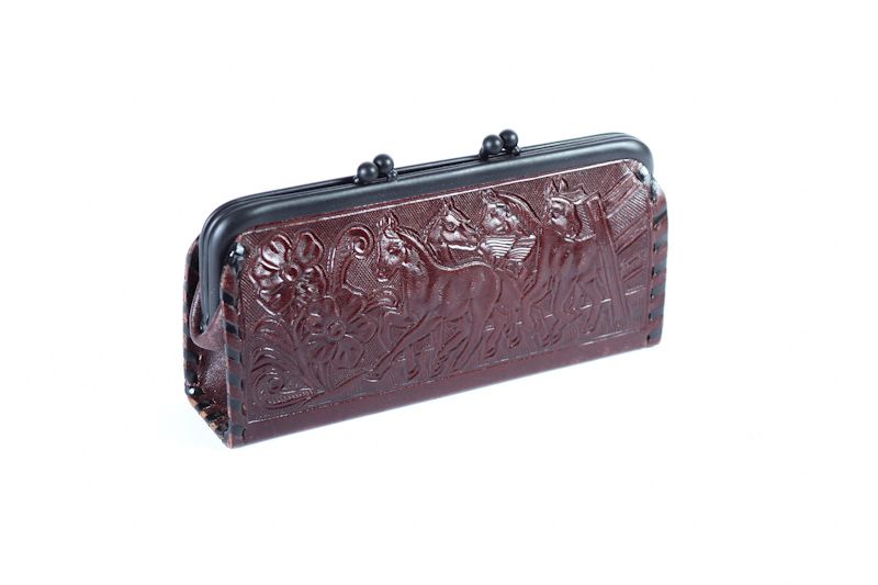 Hand tooled Leather Double Clip Ladie's Hand Clutch Money Pouch