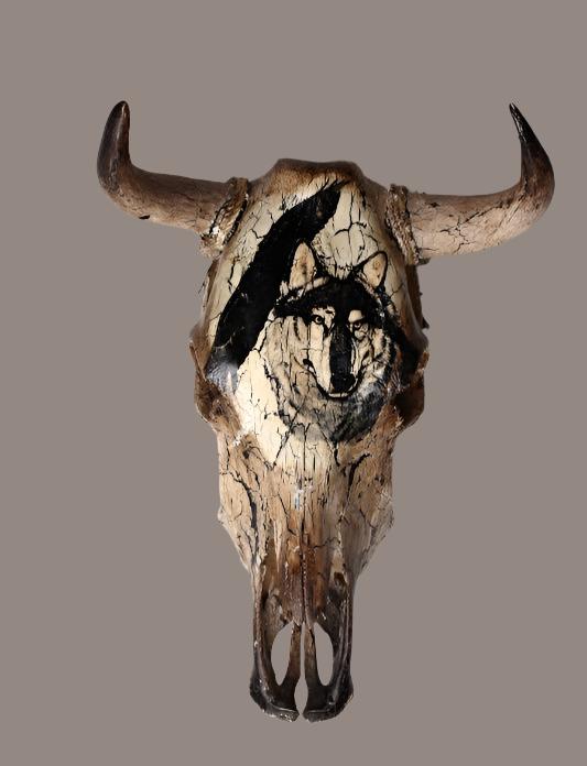 Antique Crackled Hand Painted Cow Skull | Wolf