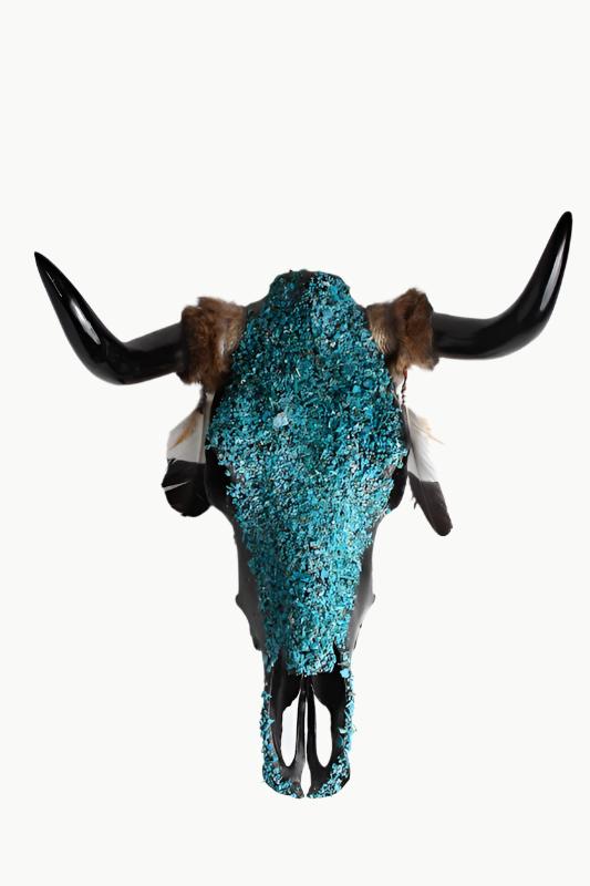 Turquoise Multi-Chips Mosaic Cow Skull Decorated with Feathers