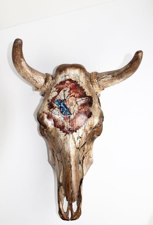 Antique Crackled Hand Painted Cow Skull | Cowboy