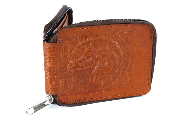 Hand Tooled Leather Zipper Wallet with Mirror