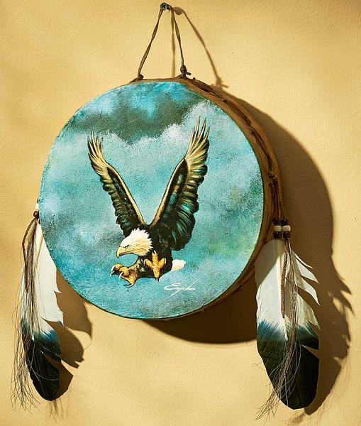 Hand Painted Eagle Rawhide Drum with Feathers