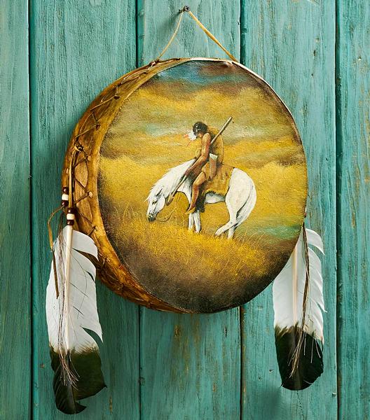 Hand Painted End of the Trail Rawhide Drum with Feathers